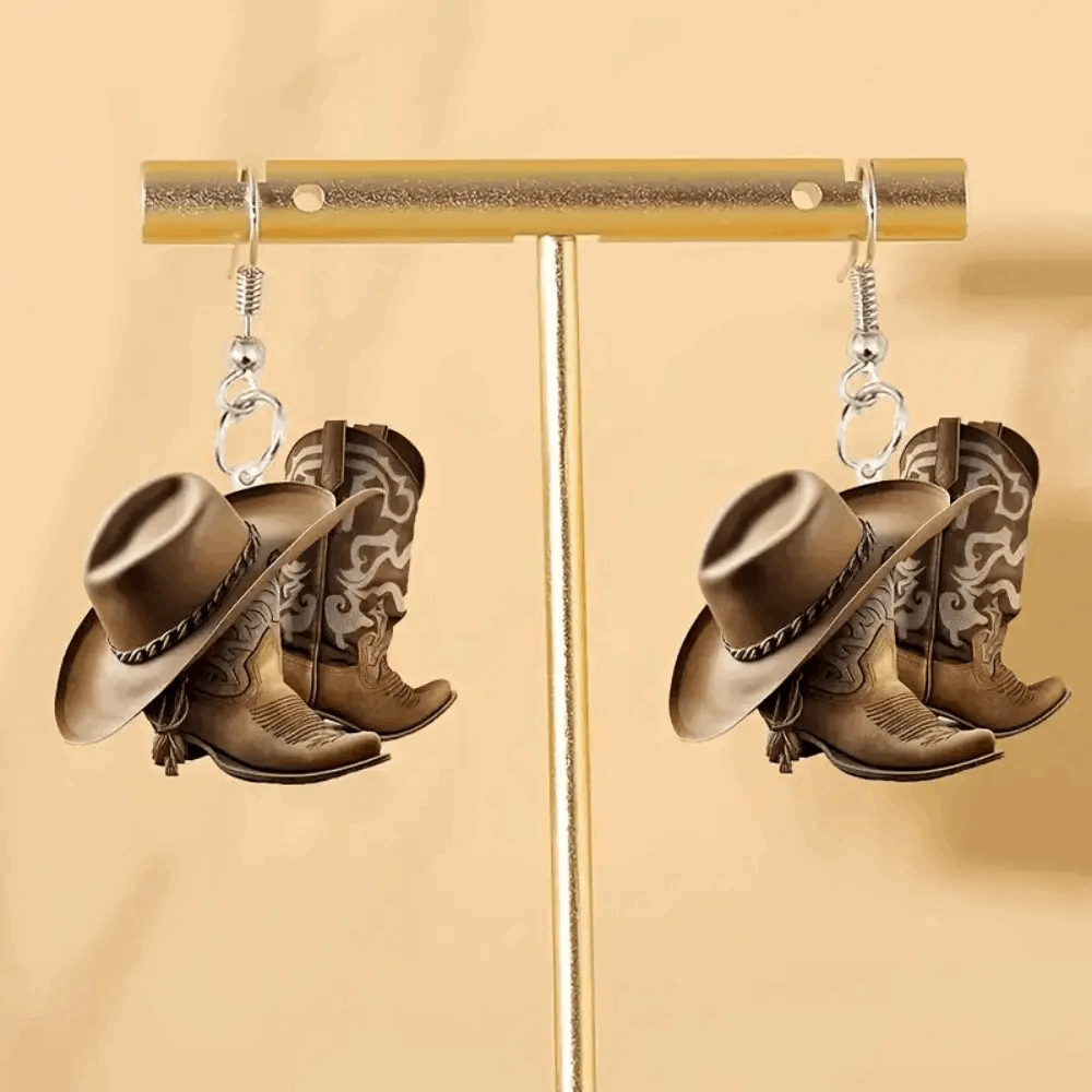Cowboy Hat & Boots Dangle Western Earrings - Lightweight Acrylic 2D