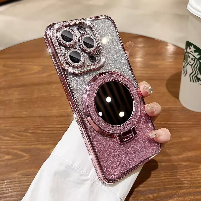 Makeup mirror holder iPhone case suitable for iPhone 14 16 Pro 16E Apple 15 Glitter magnetic diamond edge Protective Phone Case Cover