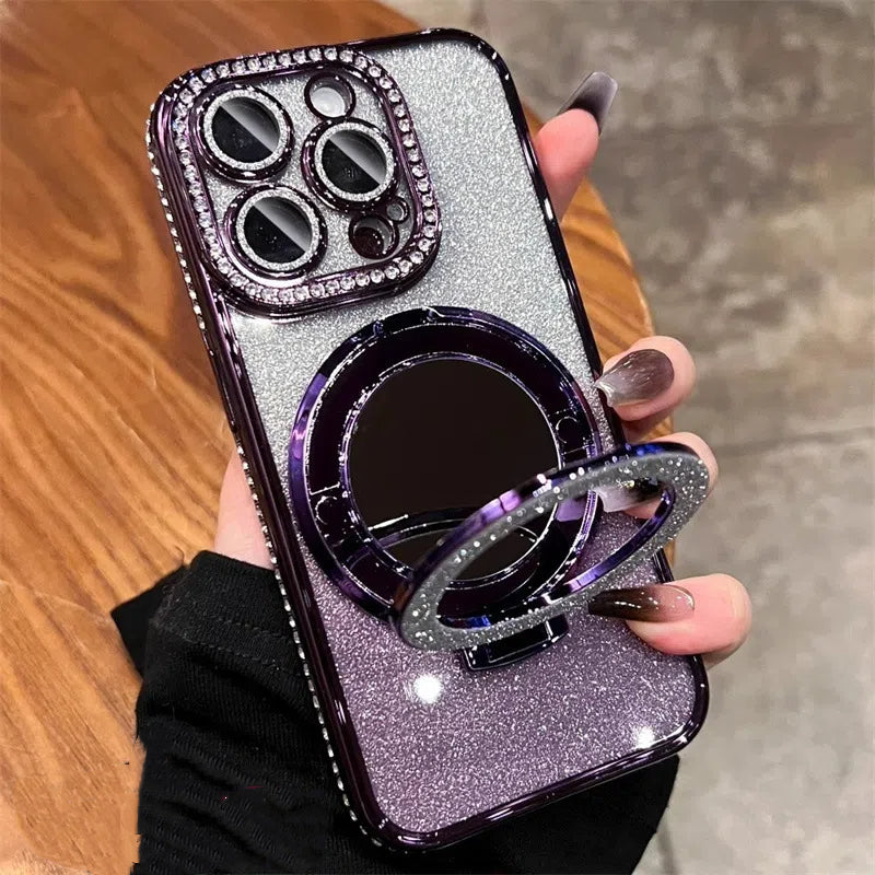 Makeup mirror holder iPhone case suitable for iPhone 14 16 Pro 16E Apple 15 Glitter magnetic diamond edge Protective Phone Case Cover