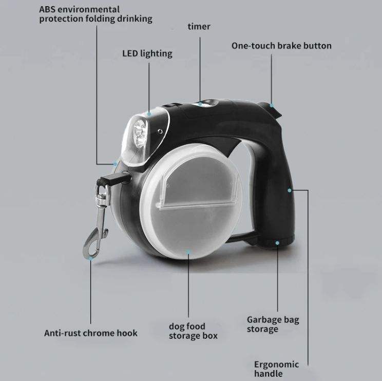 5 In 1 Multifunctional Dog Waterproof Automatic Led Retractable Leash with Poop Bag