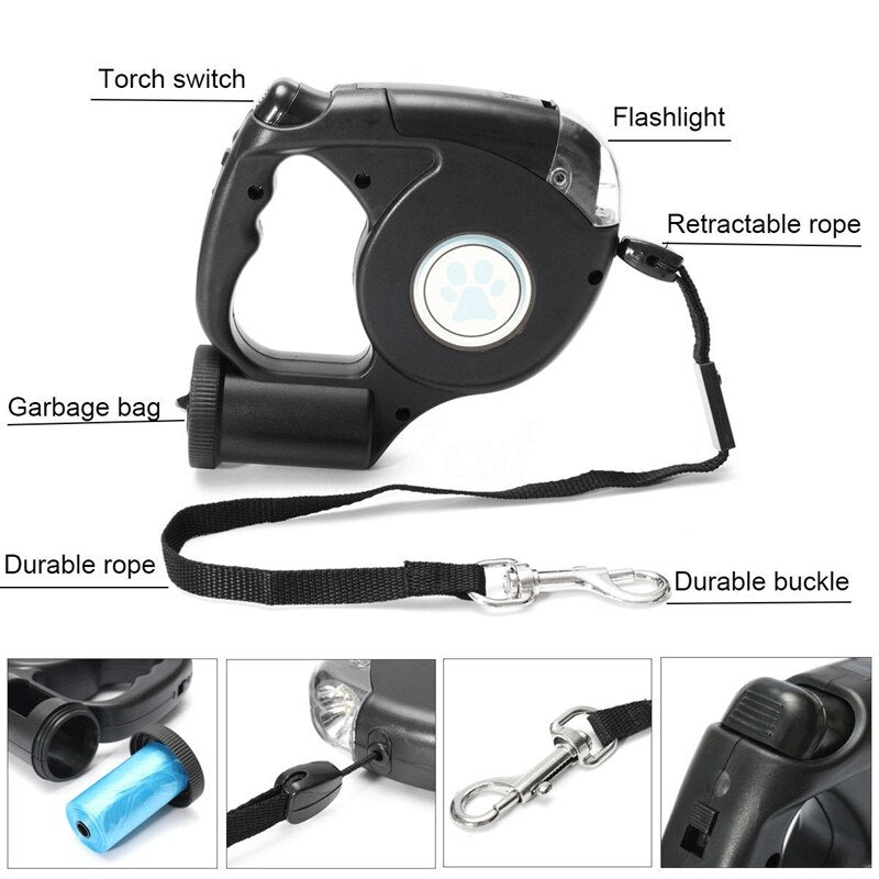 4.5M LED Flashlight Extendable Retractable Pet Dog Lead Leash with Disposable Poop Bag