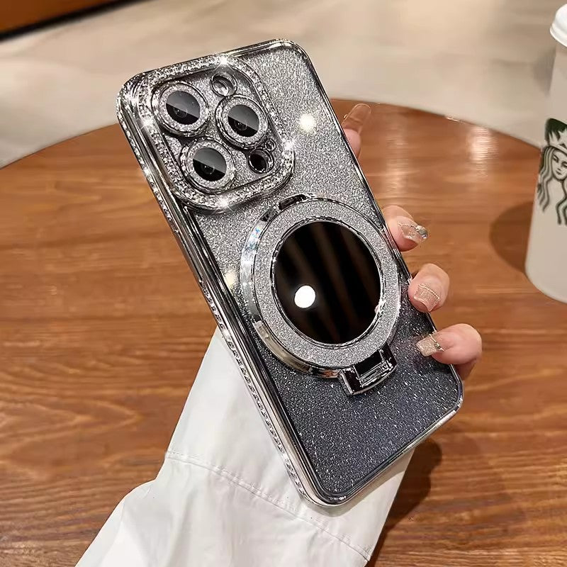 Makeup mirror holder iPhone case suitable for iPhone 14 16 Pro 16E Apple 15 Glitter magnetic diamond edge Protective Phone Case Cover