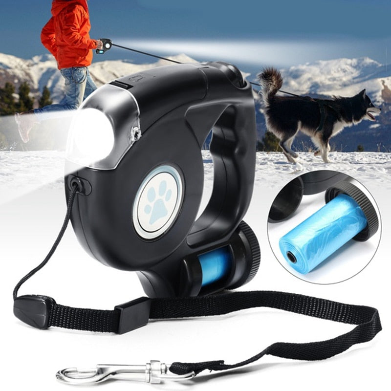 4.5M LED Flashlight Extendable Retractable Pet Dog Lead Leash with Disposable Poop Bag