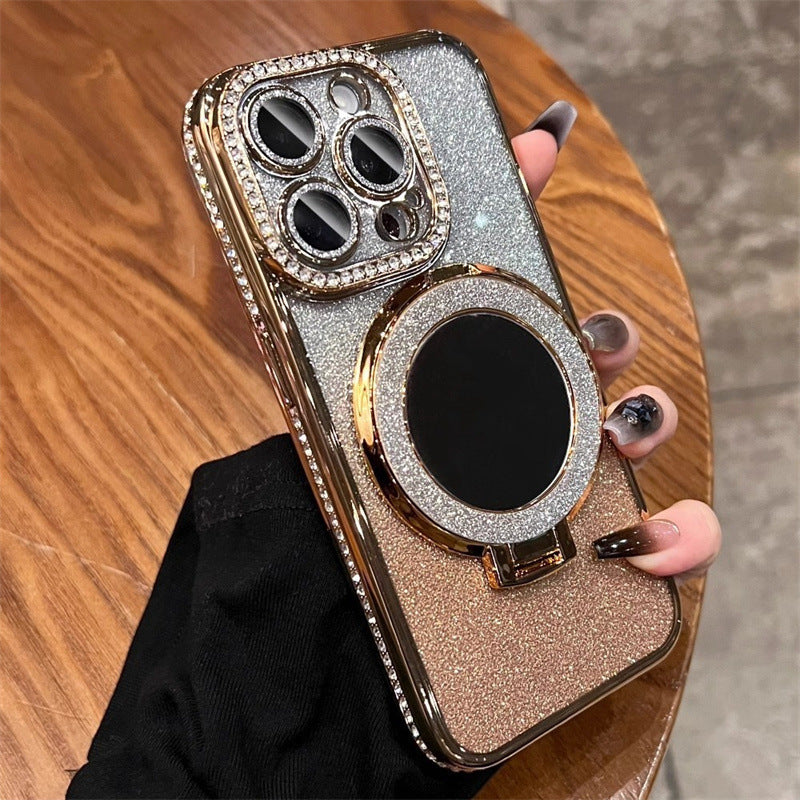 Makeup mirror holder iPhone case suitable for iPhone 14 16 Pro 16E Apple 15 Glitter magnetic diamond edge Protective Phone Case Cover