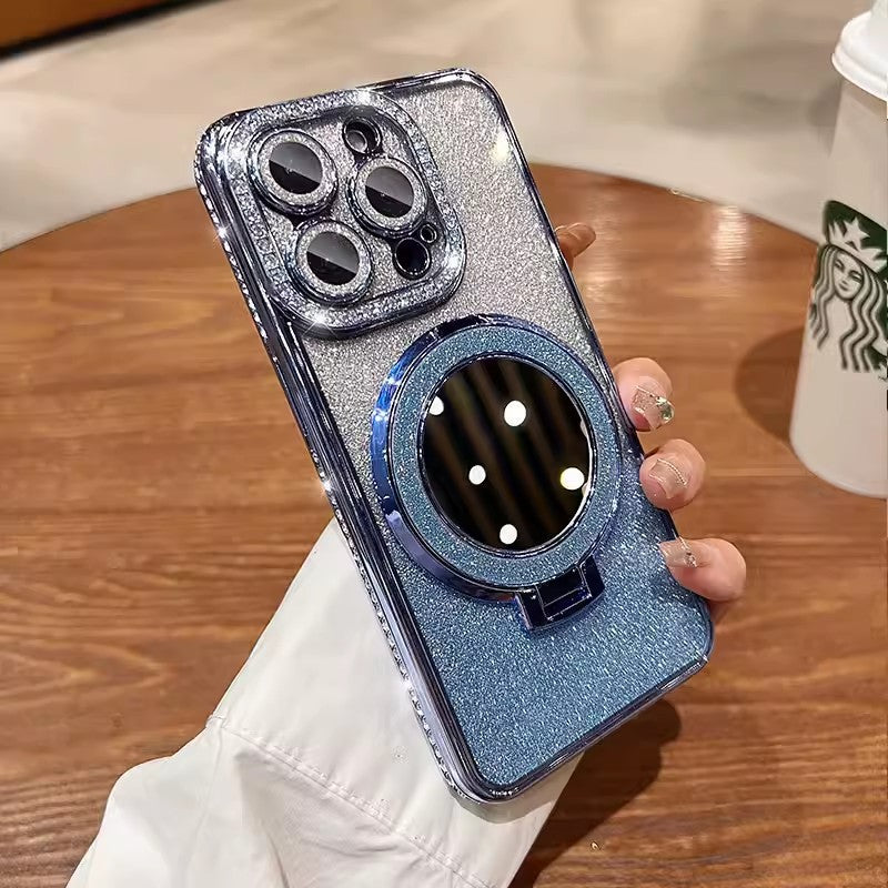 Makeup mirror holder iPhone case suitable for iPhone 14 16 Pro 16E Apple 15 Glitter magnetic diamond edge Protective Phone Case Cover