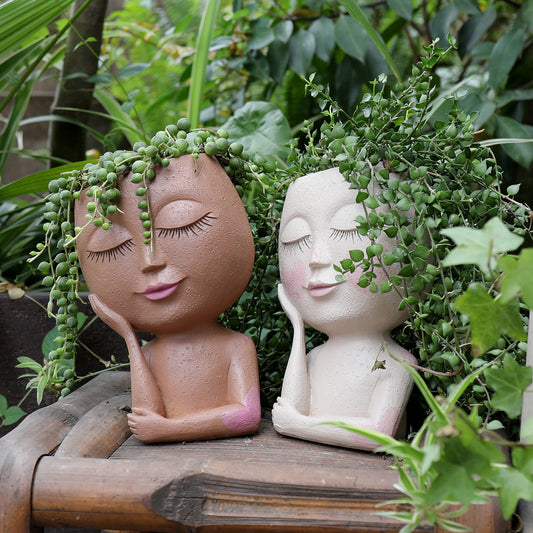 Cute Creative Girl With Lashes Character Resin Flower Ceramic Pot Vase