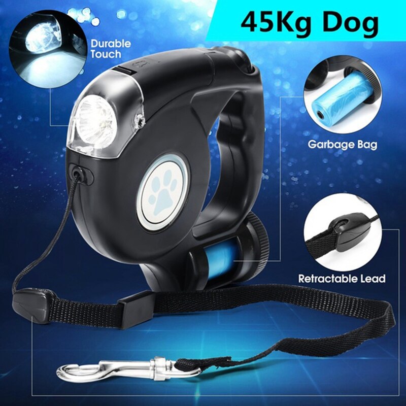 4.5M LED Flashlight Extendable Retractable Pet Dog Lead Leash with Disposable Poop Bag