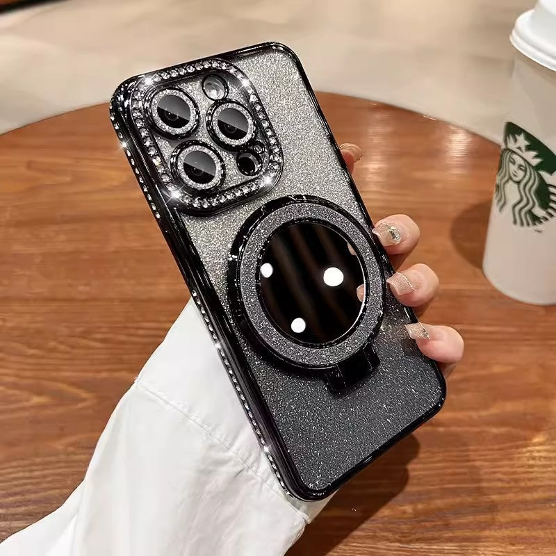 Makeup mirror holder iPhone case suitable for iPhone 14 16 Pro 16E Apple 15 Glitter magnetic diamond edge Protective Phone Case Cover