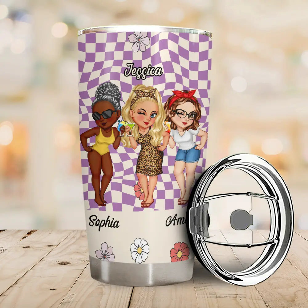Personalized tumbler with custom illustration, stainless steel, ideal gift for best friends.