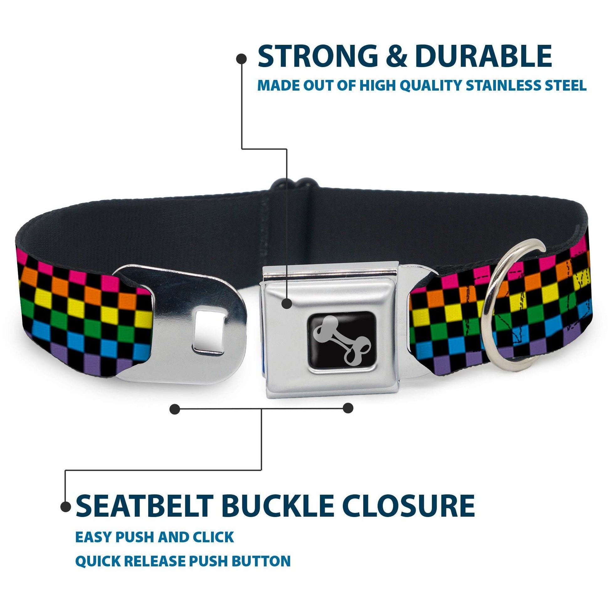Dog Bone Seatbelt Buckle Collar - Checker Black/Neon Rainbow