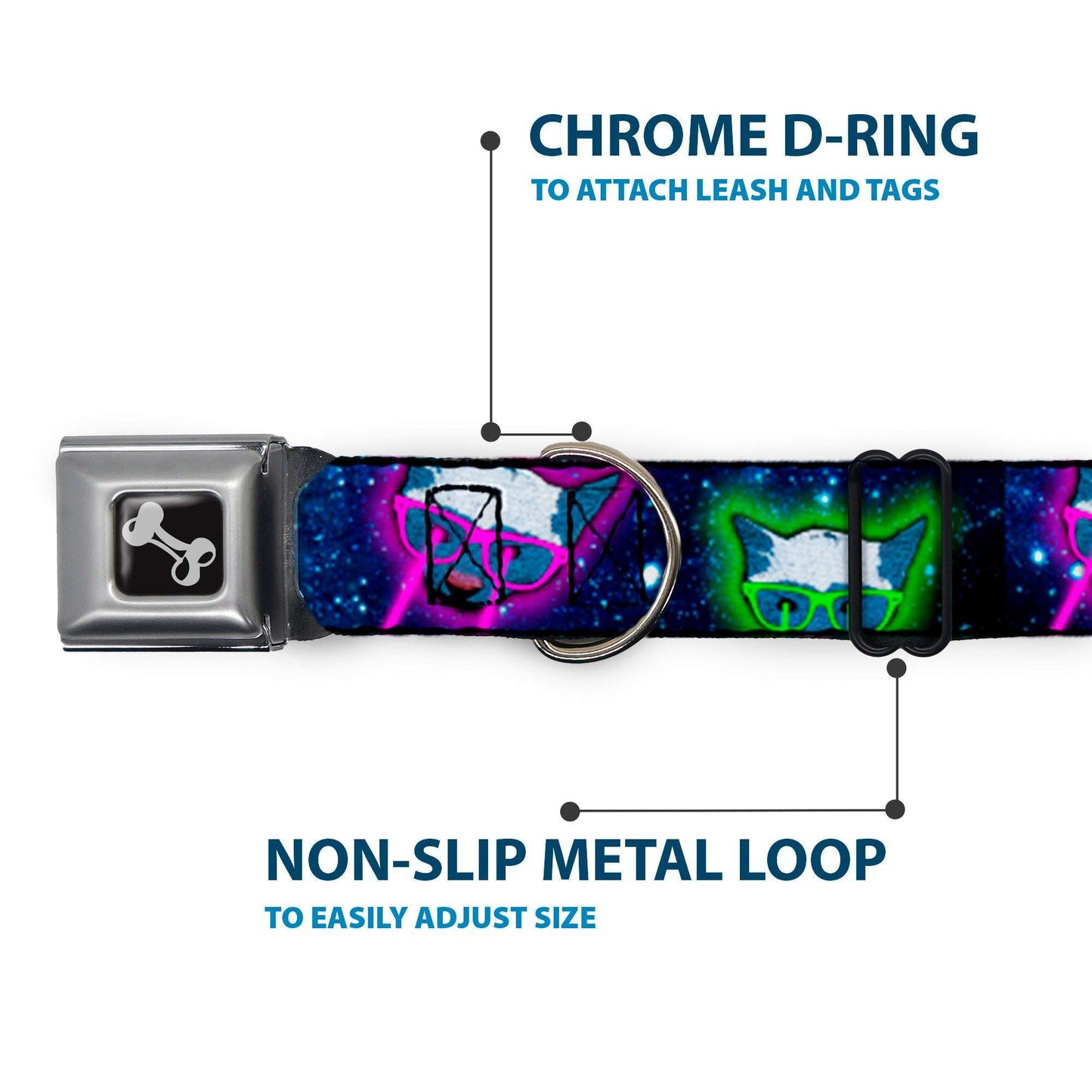 Dog Bone Seatbelt Buckle Collar - Laser Eye Cats in Space