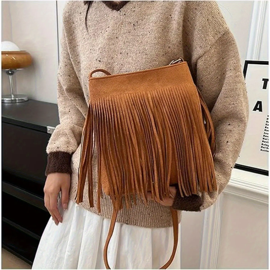 Fashionista 3 PC Set Fringe Crossbody Bag, Cowboy Boots Earrings & Makeup Teardrop Sponges