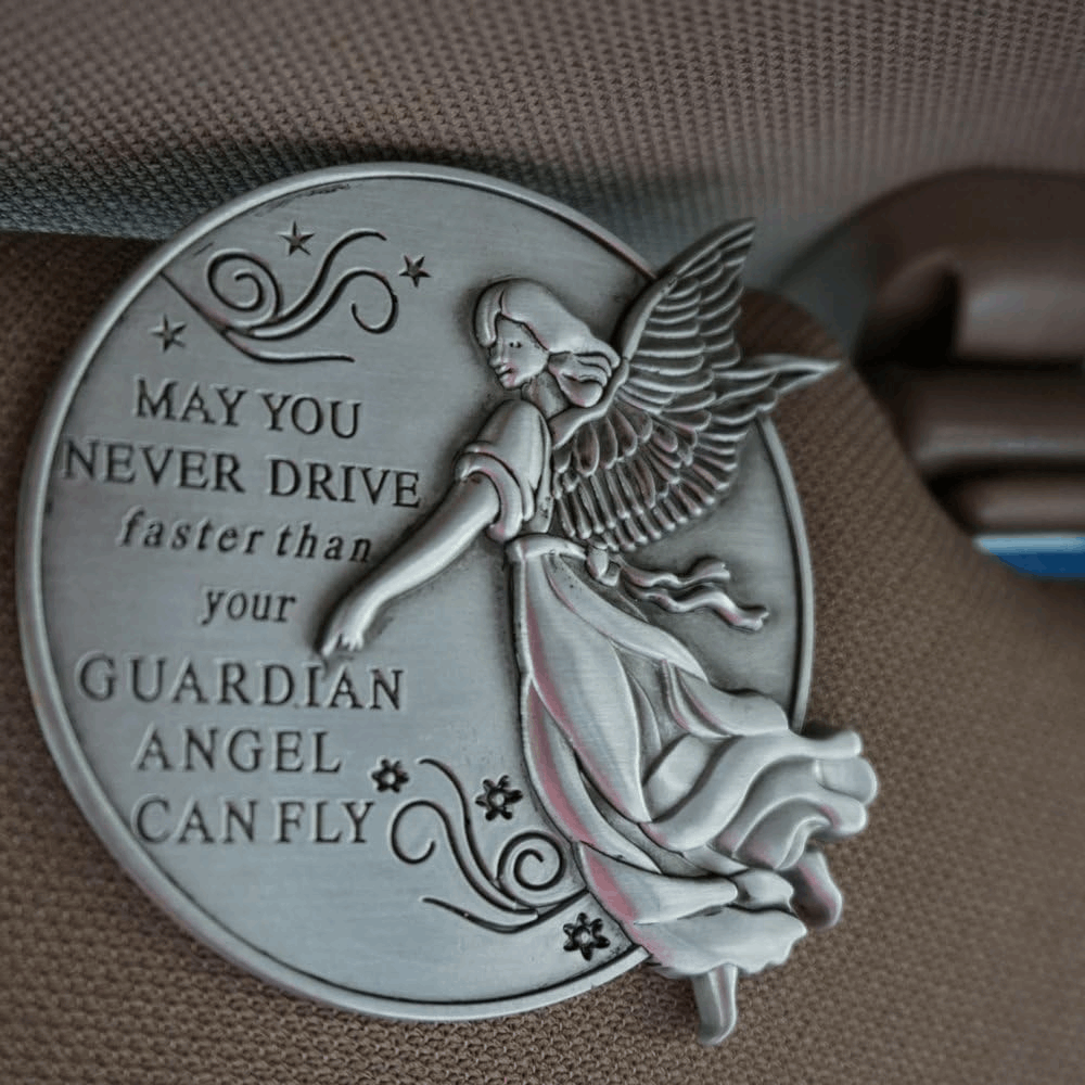 Guardian Angel Visor Clip For Car: 2-1/4 Inch Diameter Metal, Reads MAY YOU NEVER DRIVE FASTER THAN YOUR GUARDIAN ANGEL CAN FLY, Best Parents Gift Idea for New Driver and Loved Ones Cars